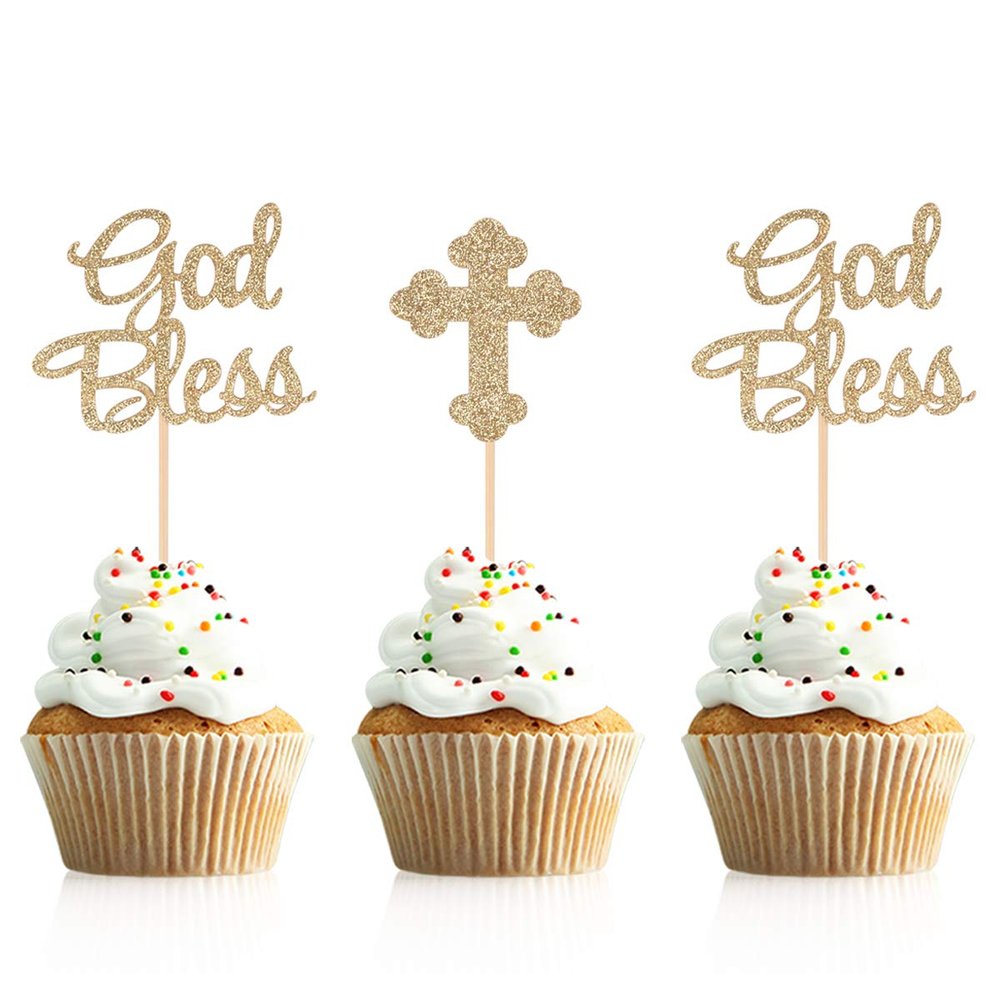 Donoter 48 Pieces Glitter God Bless and Cross Cupcake Topper Picks for Baptism Party Decorations
