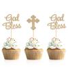 Donoter 48 Pieces Glitter God Bless and Cross Cupcake Topper Picks for Baptism Party Decorations view 1