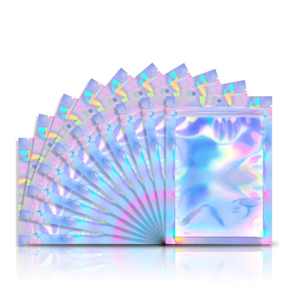 100pcs 4"X 6" Smell Proof Resealable Mylar Bags Food Storage Holographic Bags Foil Pouch Double-Sided Zipper lock Bag