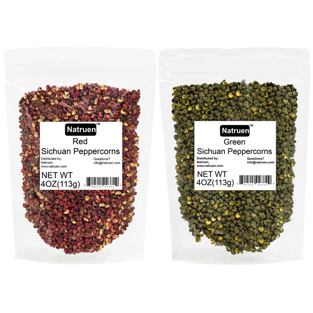 Natruen Szechuan Red+Green Peppercorn Whole 4 Oz Each, Red and Green Sichuan Peppercorns Variety Pack
