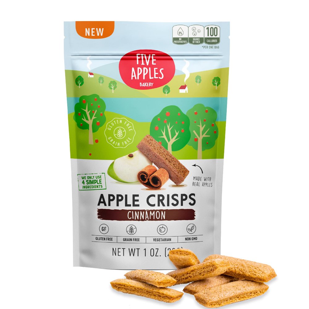 Apple Chips and Cinnamon Snacks, 6 pack. Only 4 simple wholesome ingredients. Great Gluten & Grain free. Good source of fiber. Non-GMO, No Preservatives, No Fat.
