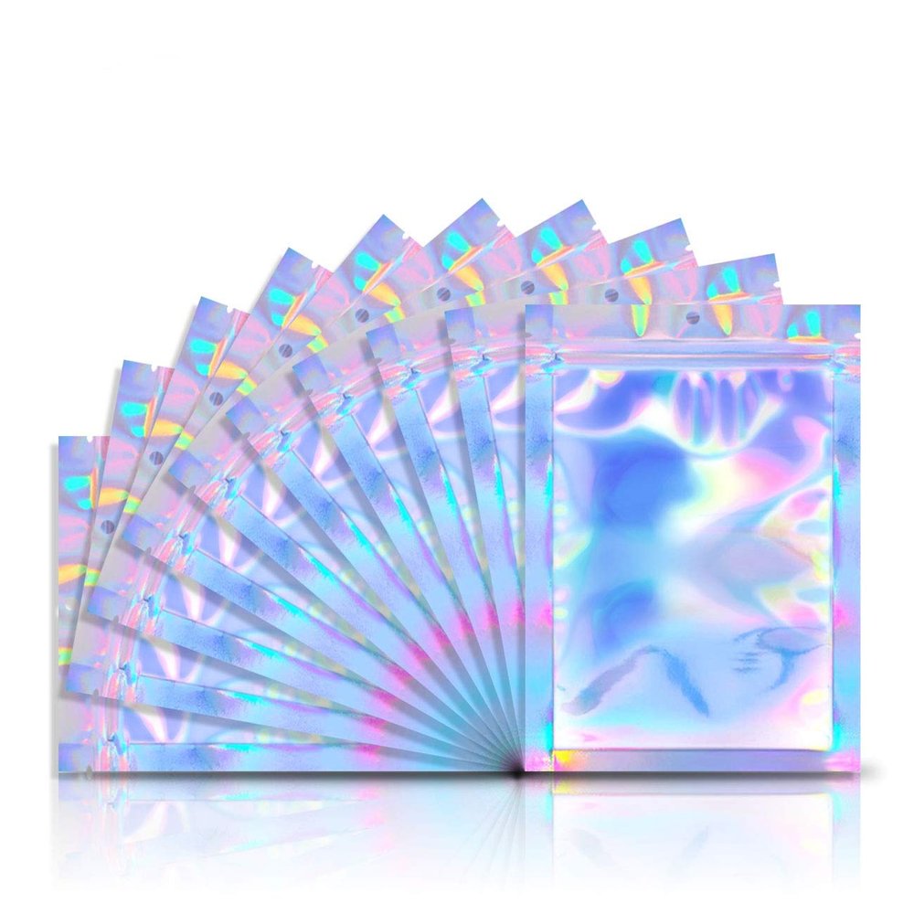 200pcs 3"X 4" (storage size 2.6X2.6 '') Smell Proof Resealable Mylar Bags Food Storage Holographic Bags Foil Pouch Double-Sided Zipper lock Bag