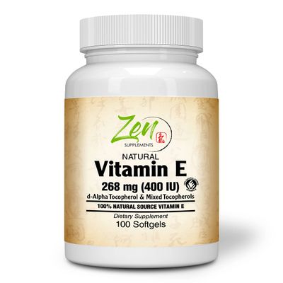 Zen Supplements Natural Vitamin E  400IU Vitamin E Capsules with 100% Natural Mixed Tocopherols - Non-GMO E Vitamin  100 Softgels