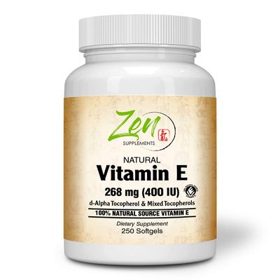Zen Supplements Natural Vitamin E  400IU Vitamin E Capsules with 100% Natural Mixed Tocopherols - Non-GMO E Vitamin  250 Softgels