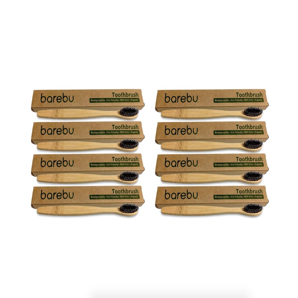 BPA-Free, Organic Bamboo Toothbrush with No-Glue Bristles - Compostable, Biodegradable, Vegan (8-Pack) (Black, Soft Bristles)