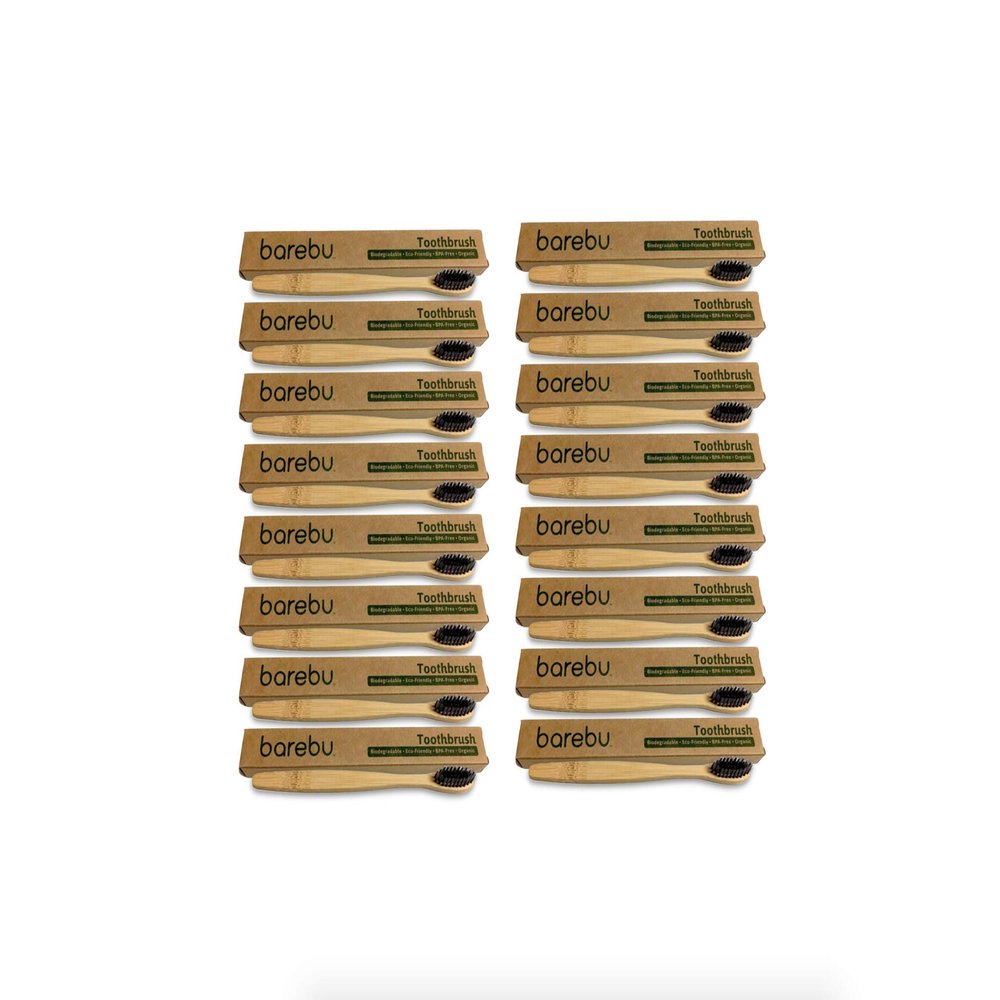 16-Pack BPA-Free, Organic Bamboo Toothbrush with Glue-Free Bristles - Family Pack - Annual Supply for 4-Person Family, Changing Brushes Every 3 Month (Black, Soft Bristle)