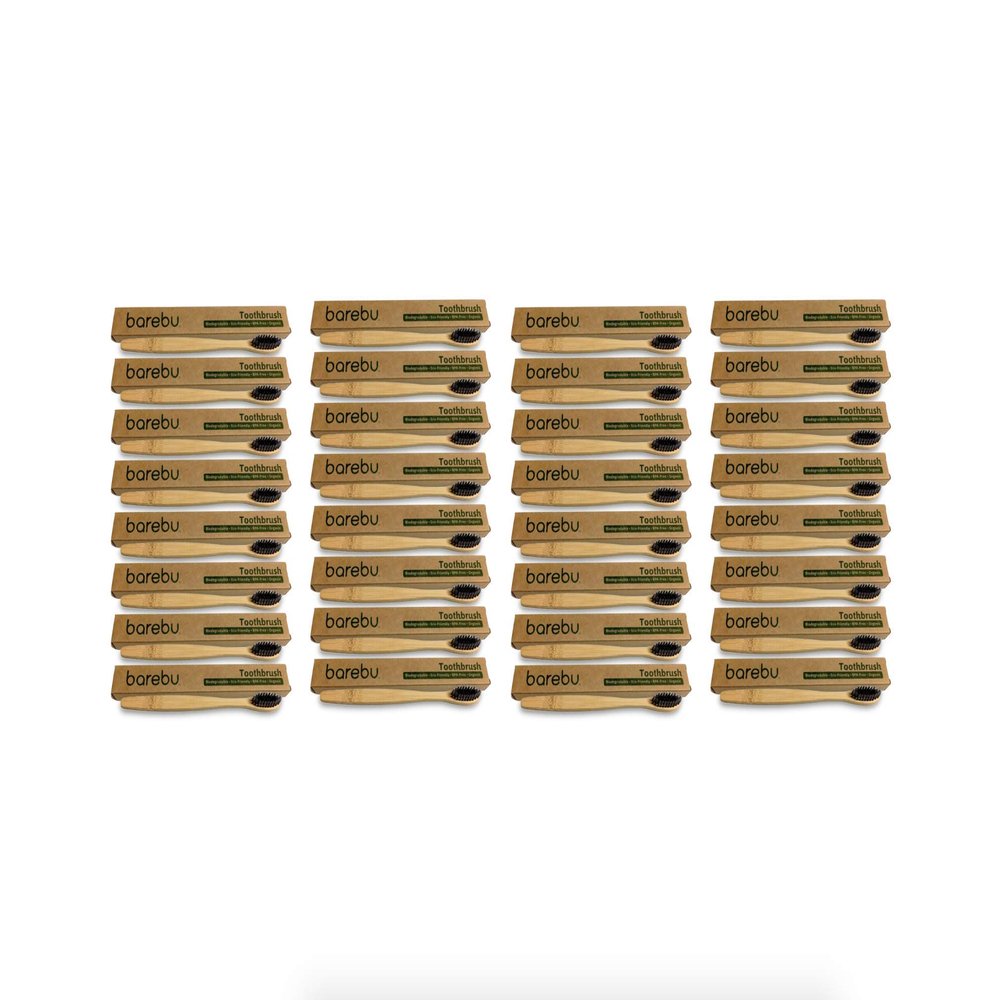 BPA-Free, Biodegradable, Organic Bamboo Toothbrush - Charcoal Infused Naturally Whitening Bristles, Pressed Glue-Free Bristles, Environmentally Friendly (32-Pack)