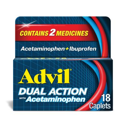 Advil Dual Action Coated Caplets with Acetaminophen, 125mg Ibuprofen and 250mg Acetaminophen Per Caplet for 8 Hour Pain Relief - 18 Count