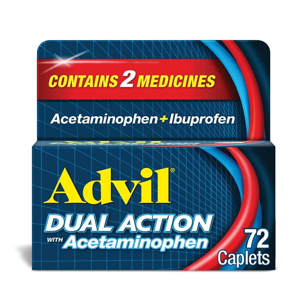 Advil Dual Action Coated Caplets with Acetaminophen, 250 Mg Ibuprofen and 500 Mg Acetaminophen Per Dose (2 Dose Equivalent) for 8 Hour Pain Relief - 72 Count