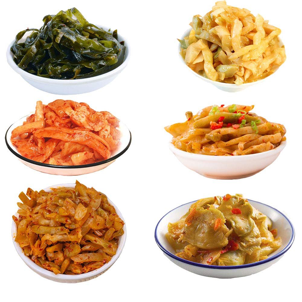 HELENOU666 Pickled Vegetables Preserved Kelp Dried Seaweed Spicy Radish Zhacai 6-Flavor Assortment 6