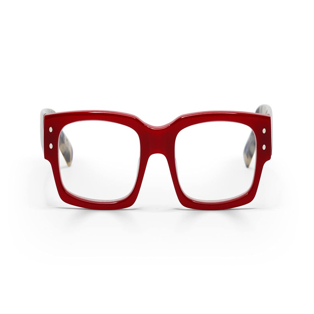 eyebobs Peckerhead Unisex Blue Light Reading Glasses, Red Front with Black & White Tortoise Temples, +2 Diopter