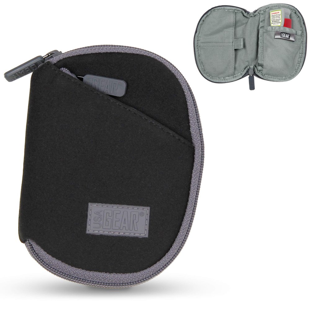 USA Gear Asthma Inhaler Case - Inhaler Holder Travel Pouch with Built-in Belt Loop, Weather Resistant, Interior Accessory Pockets, Durable Neoprene with Zipper Closure for Adults and Kids (Black)