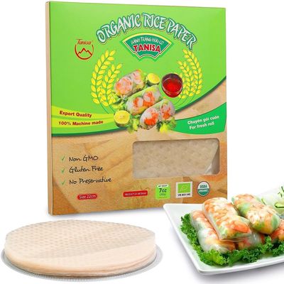 TANISA 24 Sheets Organic Rice Paper Wrappers, Spring Roll Wrappers for Fresh roll (22cm, Round, 7.05 oz/pack) Organic White, Rice Papers Sheets, Non GMO, Gluten Free, Made In Vietnam, Banh Trang Goi Cuon