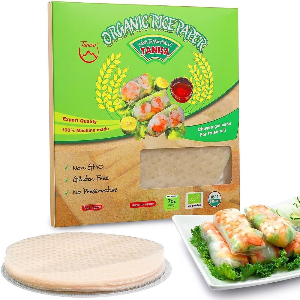 TANISA 24 Sheets Organic Rice Paper Wrappers, Spring Roll Wrappers for Fresh roll (22cm, Round, 7.05 oz/pack) Organic White, Rice Papers Sheets, Non GMO, Gluten Free, Made In Vietnam, Banh Trang Goi Cuon