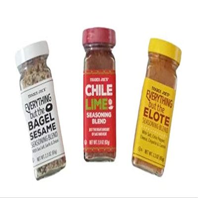 Trader Joe's BBQ Seasoning 3 Pack With 1 Each Everything But The Bagel 2.3 oz, Chile Lime 2.9 oz and Elote 2.3 oz Bottles