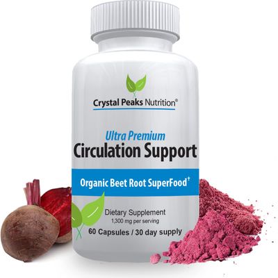 CRYSTAL PEAKS NUTRITION Pure Organic Beet Root Powder Extract - Blood Circulation, Promotes Arteries and Veins, Increase Nitric Oxide Production. 1300mg, 60 Veggie Capsules