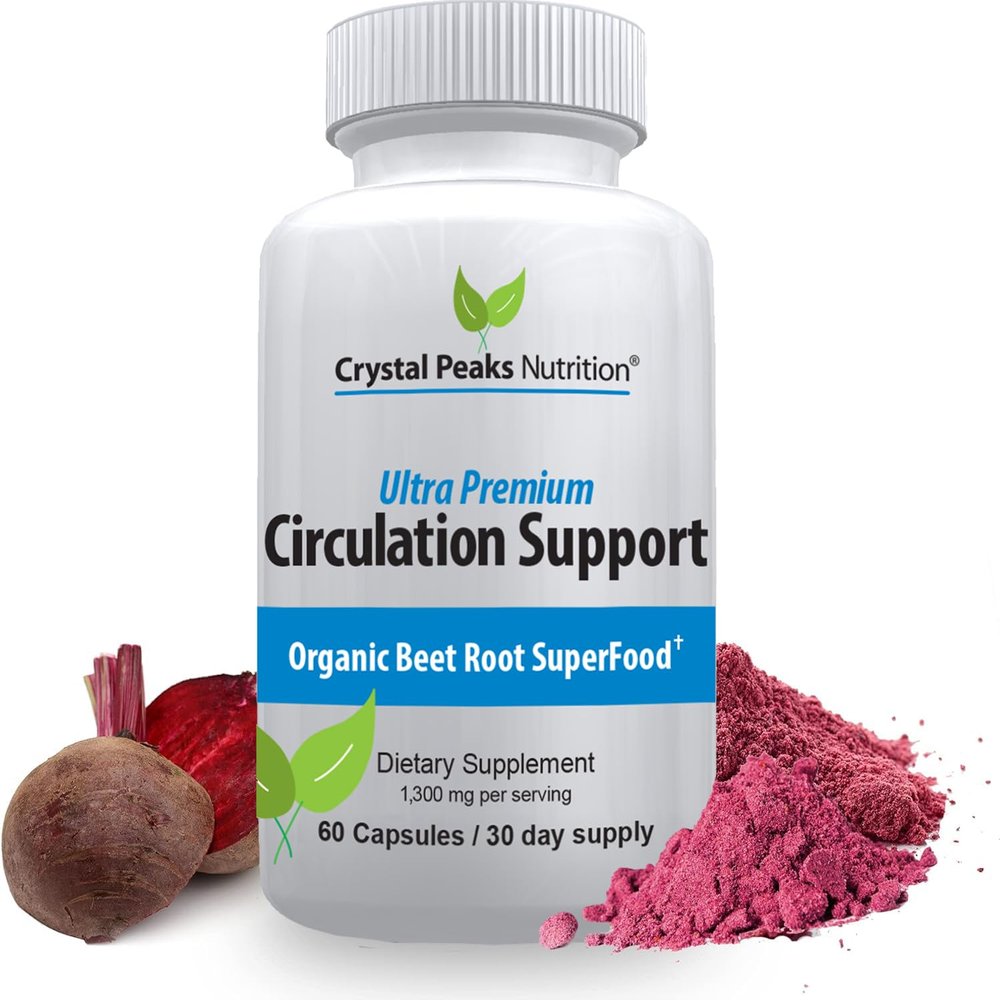 CRYSTAL PEAKS NUTRITION Pure Organic Beet Root Powder Extract - Blood Circulation, Promotes Arteries and Veins, Increase Nitric Oxide Production. 1300mg, 60 Veggie Capsules