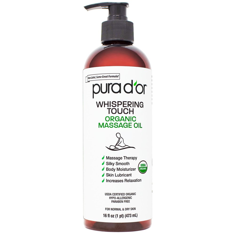 PURA D'OR Organic Whispering Touch Massage Oil for Body & Relaxation, 16oz