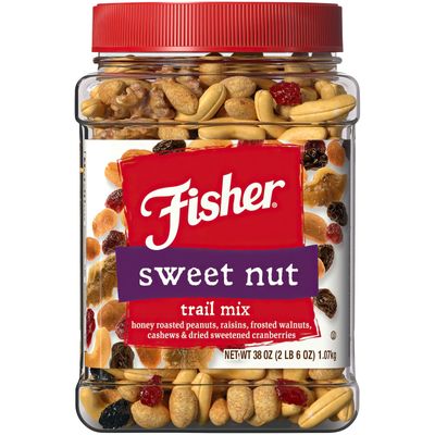 Fisher Snack Sweet Nut Bulk Trail Mix, 38 oz (Pack of 1), Honey Roasted Peanuts, Raisins, Frosted Walnuts, Cashews, Dried Sweetened Cranberries, Healthy Snacks for Adults & Kids, Dried Fruit, Trail Mix Snacks