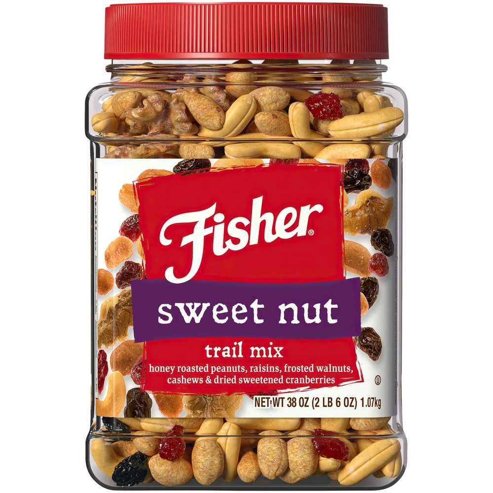Fisher Snack Sweet Nut Bulk Trail Mix, 38 oz (Pack of 1), Honey Roasted Peanuts, Raisins, Frosted Walnuts, Cashews, Dried Sweetened Cranberries, Healthy Snacks for Adults & Kids, Dried Fruit, Trail Mix Snacks