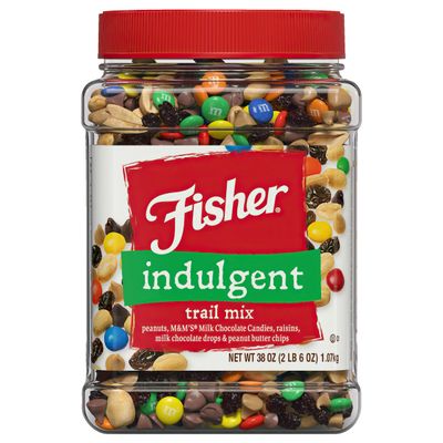 Fisher Snack Indulgent Bulk Trail Mix, 38 oz (Pack of 1), Peanuts, Milk Chocolate Candies, Raisins, Milk Chocolate and Peanut Butter Chips, Snacks for Adults and Kids, Trail Mix Snacks