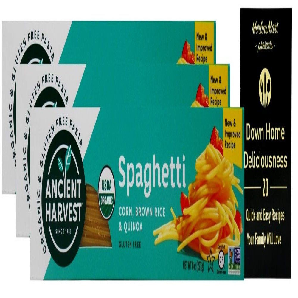 Ancient Harvest Organic Gluten-Free Corn Brown Rice Quinoa Blend Pasta | Spaghetti (8 Ounces) | 3 Count Plus Recipe Booklet Bundle