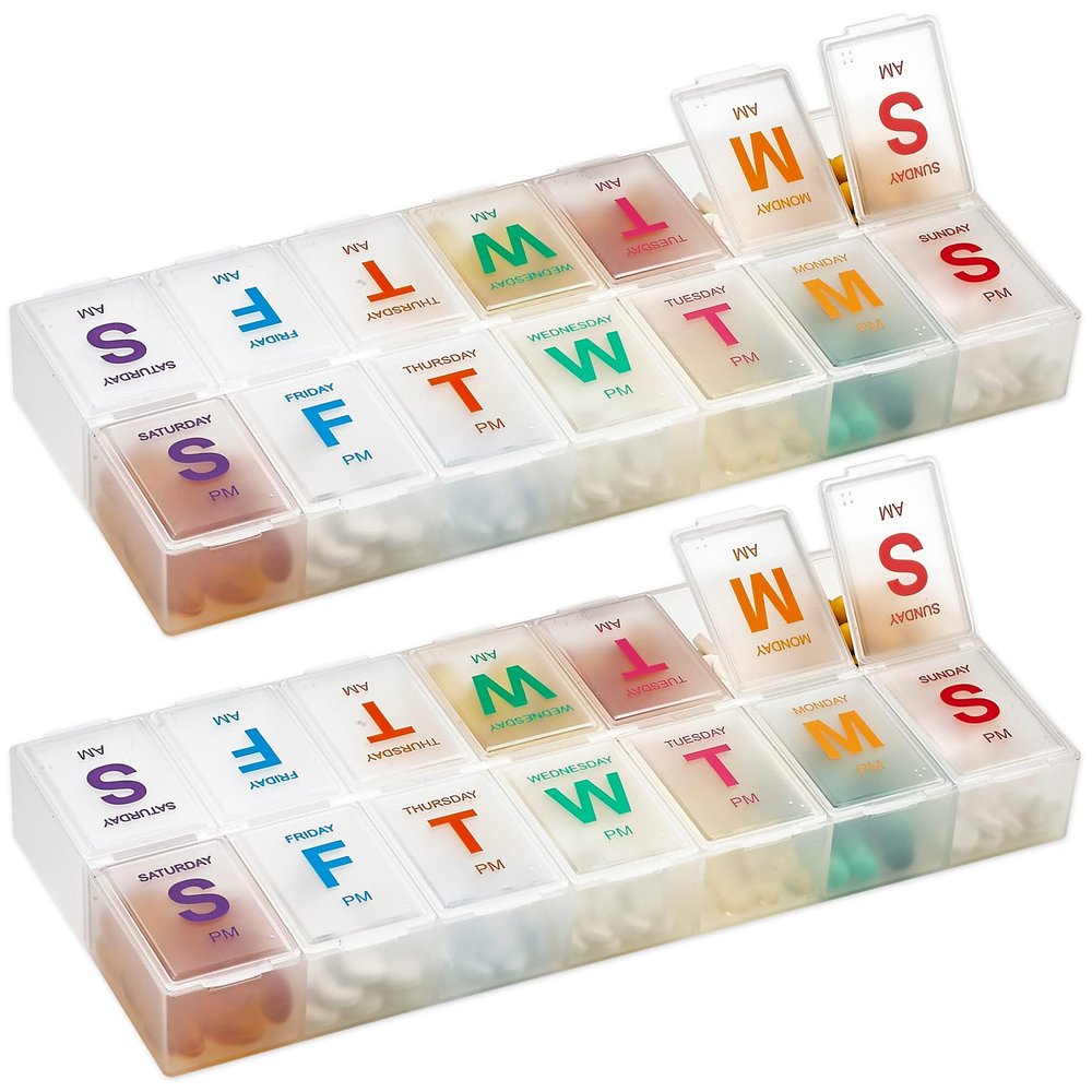 Large Weekly Pill Organizer - 2 Pack AM PM Pill Box - XL 7 Day Pill Organizer for Medication, Pills, Supplements with Braille, Bright, Easy to Read
