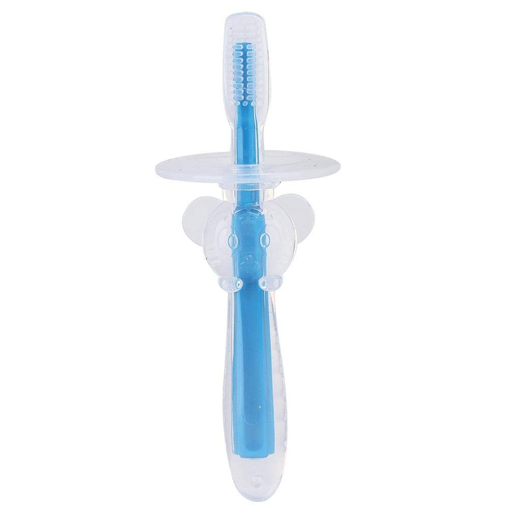 Baby Toothbrush with Finger Brush for Kids, Infant Oral Care Tool, Training Toothbrush with Animal Design, Silicone Storage Box (Blue)