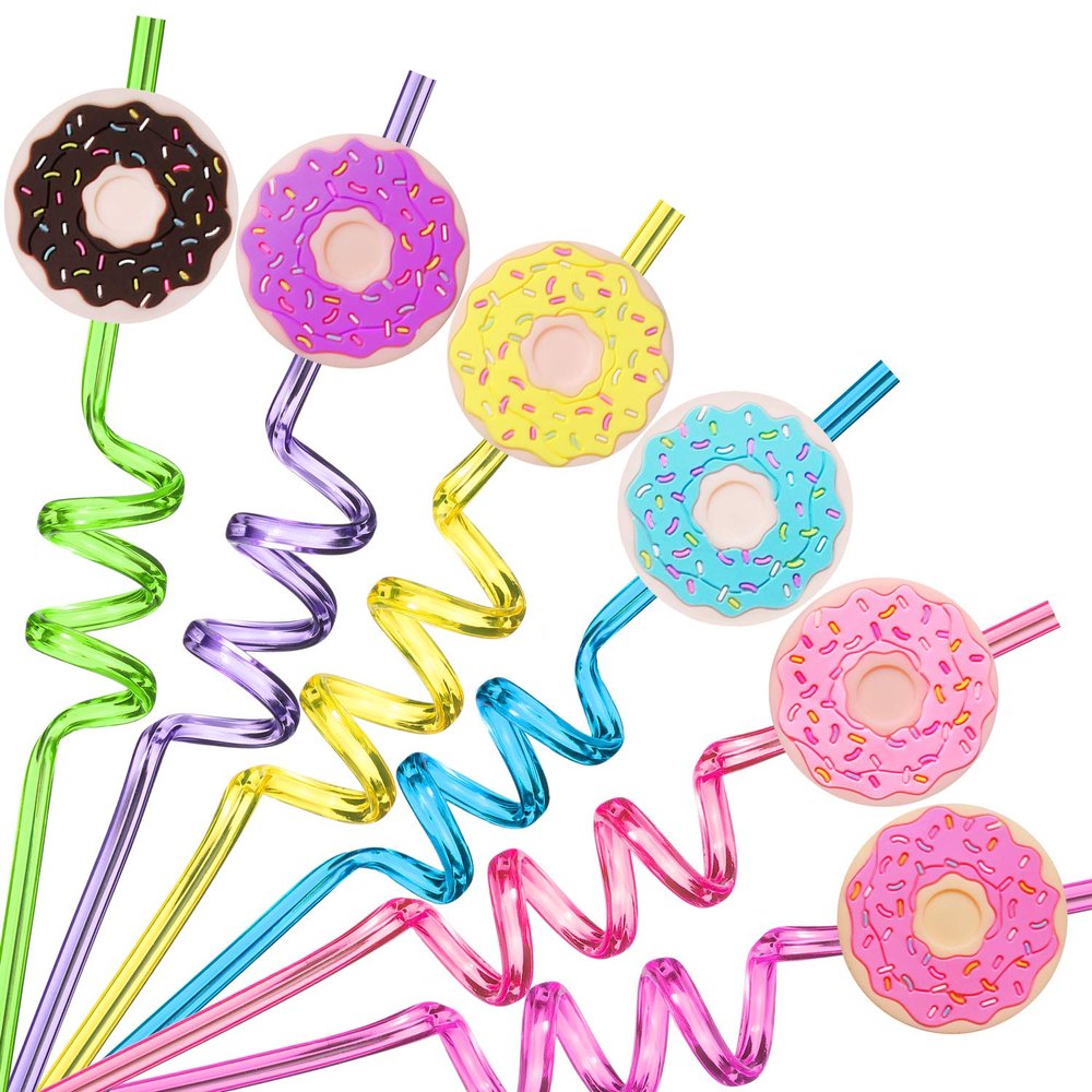 24 Reusable Donut Straws for Birthday Party Supplies | Party Favors with 2 Cleaning Brush