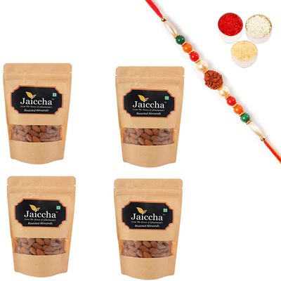 Jaiccha Ghasitaram Rakhi Gifts for Brothers Rakhi Dryfruits - Roasted Salted American/California Almonds 800 GMS in Brown Paper Pouch with Rudraksh Rakhi