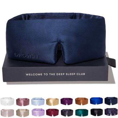 DROWSY Silk Sleep Mask - Face-Hugging, Padded Cocoon for Luxury Sleep in Total Darkness - 100% Pure Mulberry Silk, Skin-Hydrating & Adjustable (Midnight Blue)