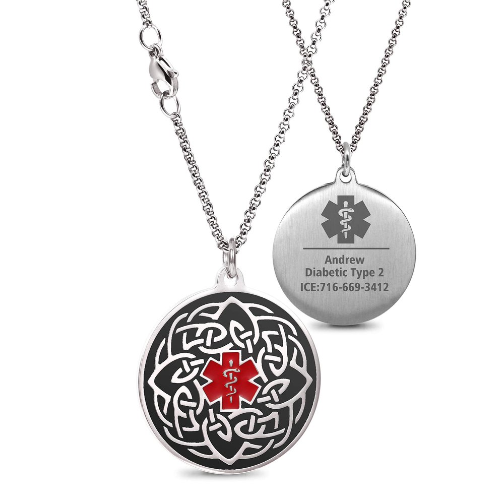 ASTERY Stainless Steel Medical Alert ID Necklace with Free Engraving for Men Women,Irish Celtic Knot Emergency Identification Pendant Necklace