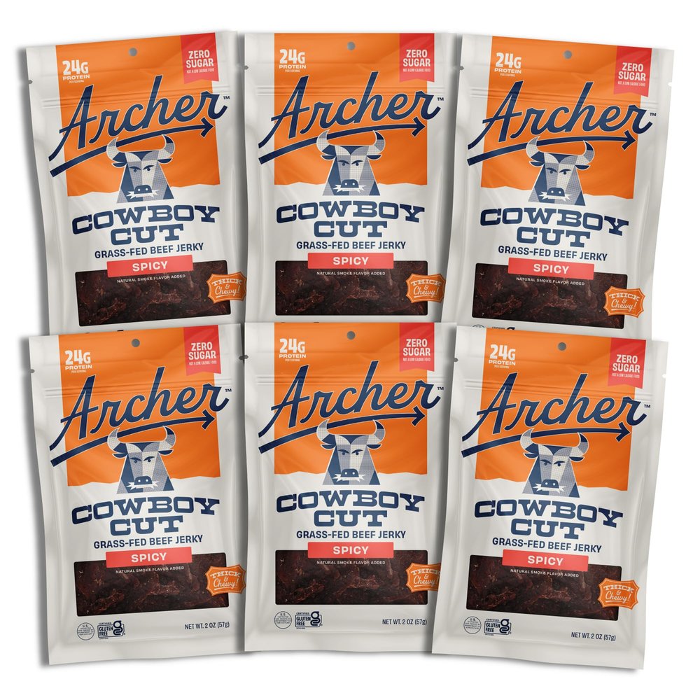 Country Archer Grass-Fed Beef Jerky - Zero Sugar Beef Jerky, Sugar Free Meat Snack, Bulk Individual Packs, Gluten Free, Paleo - Spicy, 2 Oz (Pack Of 6)