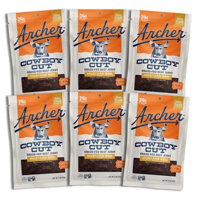 Country Archer Grass Fed Beef Jerky Mustard Bbq - Zero Sugar Beef Snack, Sugar Free Protein Snack Pack, Mustard Bbq Flavor, Bulk Individual Bags, Gluten Free, Paleo - 2 Oz (Pack Of 6)