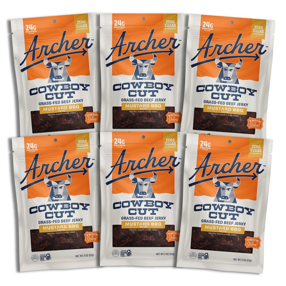 Country Archer Grass Fed Beef Jerky Mustard Bbq - Zero Sugar Beef Snack, Sugar Free Protein Snack Pack, Mustard Bbq Flavor, Bulk Individual Bags, Gluten Free, Paleo - 2 Oz (Pack Of 6)