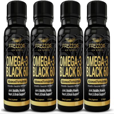FREZZOR Omega 3 Black - Highest Strength Green Lipped Mussel Oil Capsules, Made in New Zealand, UAF1000+, Inflammation, Joint Care & Relief, Heart & Immune Support, 60 Count (Pack of 4)