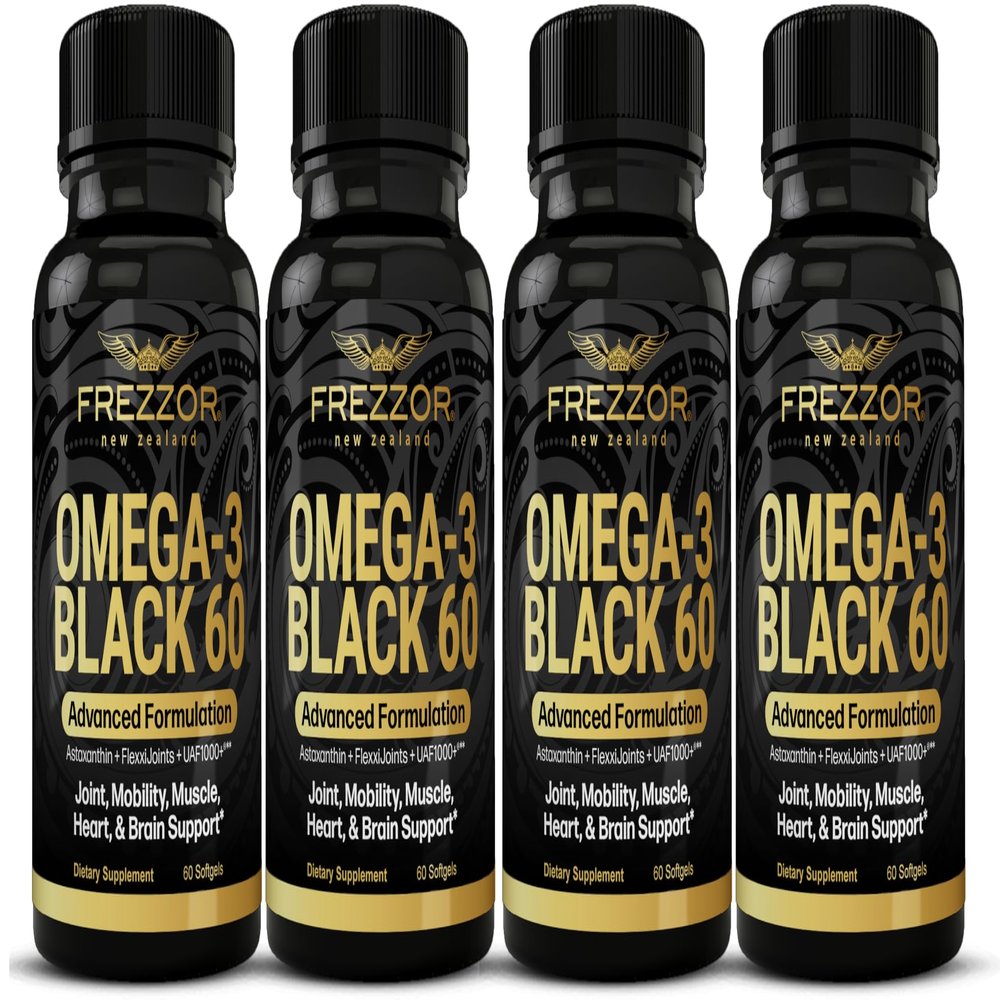 FREZZOR Omega 3 Black - Highest Strength Green Lipped Mussel Oil Capsules, Made in New Zealand, UAF1000+, Inflammation, Joint Care & Relief, Heart & Immune Support, 60 Count (Pack of 4)