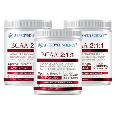 Approved Science BCAA Powder - 2:1:1 BCAA Ratio - 3500 mg L-Leucine - Fruit Punch Flavor - 25 Ounce - 30 Servings - Workout Boost, Endurance, Prevent Burnout - BioPerine - Vegan Friendly - 3 Tubs
