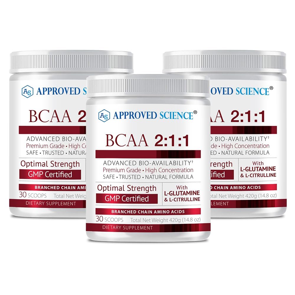 Approved Science BCAA Powder - 2:1:1 BCAA Ratio - 3500 mg L-Leucine - Fruit Punch Flavor - 25 Ounce - 30 Servings - Workout Boost, Endurance, Prevent Burnout - BioPerine - Vegan Friendly - 3 Tubs