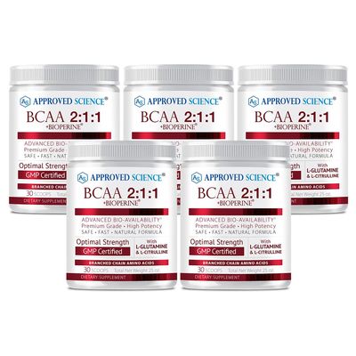 Approved Science BCAA Powder - 2:1:1 BCAA Ratio - 3500 mg L-Leucine - Fruit Punch Flavor - 25 Ounce - 30 Servings - Workout Boost, Endurance, Prevent Burnout - BioPerine - Vegan Friendly - 5 Tubs