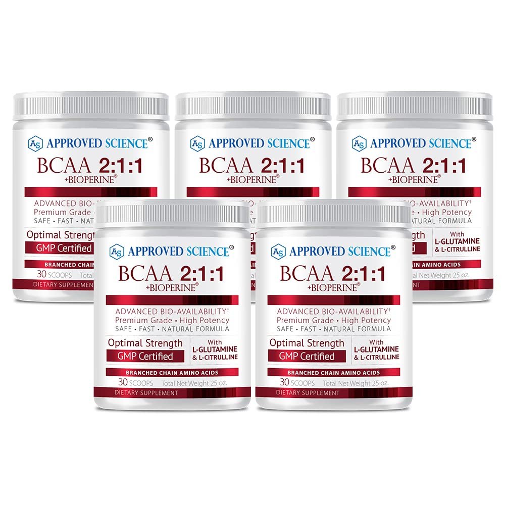 Approved Science BCAA Powder - 2:1:1 BCAA Ratio - 3500 mg L-Leucine - Fruit Punch Flavor - 25 Ounce - 30 Servings - Workout Boost, Endurance, Prevent Burnout - BioPerine - Vegan Friendly - 5 Tubs