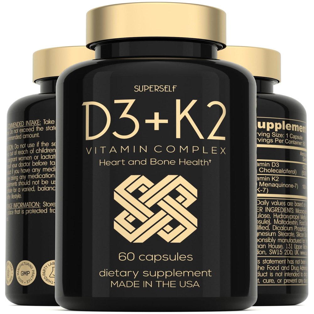 SuperSelf Vitamin D3 K2 Capsules - Vitamin D3 5000 IU and Vitamin K MK7 100mcg - 60 Capsules - USA Made Vegetarian Vitamin D Supplement - High Strength VIT D for Bones, Muscle, Teeth, Immune System