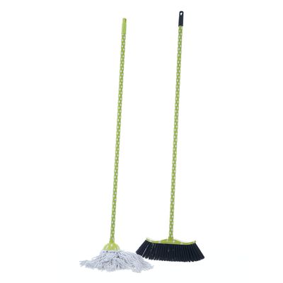 Superio Cotton Mop and Broom Set, Light Green Polka Dot Print Design, Superior Cleaning Tools Broom and String Mop.