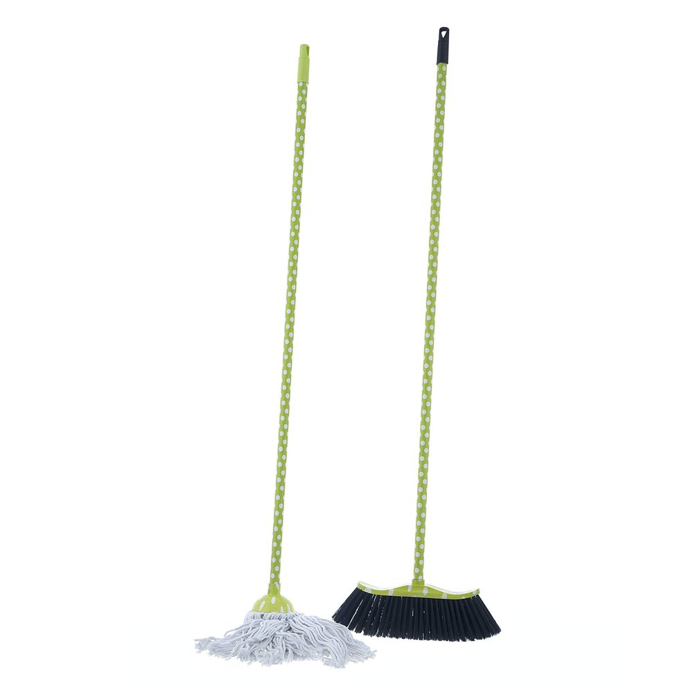 Superio Cotton Mop and Broom Set, Light Green Polka Dot Print Design, Superior Cleaning Tools Broom and String Mop.