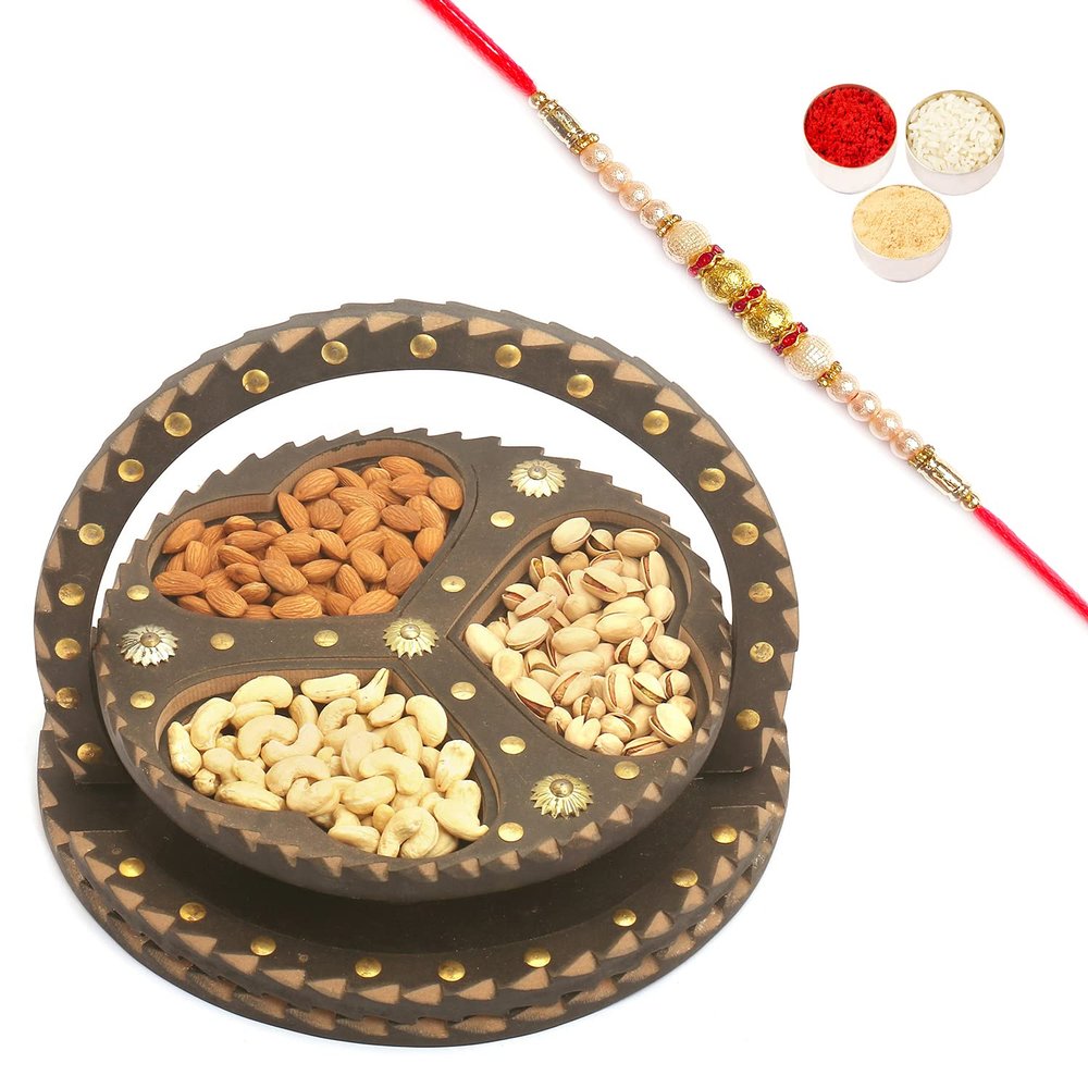 Ghasitaram Gifts Rakhi Gifts for Brothers Rakhi Dryfruits Foldable Basket of Almonds, Cashews and Pistachos with Pearl Rakhi