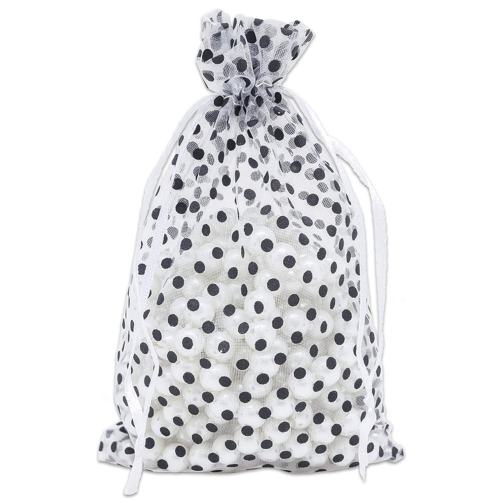 100-Pack 4x6 in Sheer Organza Gift Bags with Drawstring (Medium) - Polka Dot (White/Black) - for Wedding Party Favors, Treats Mesh Pouch by The Display Guys