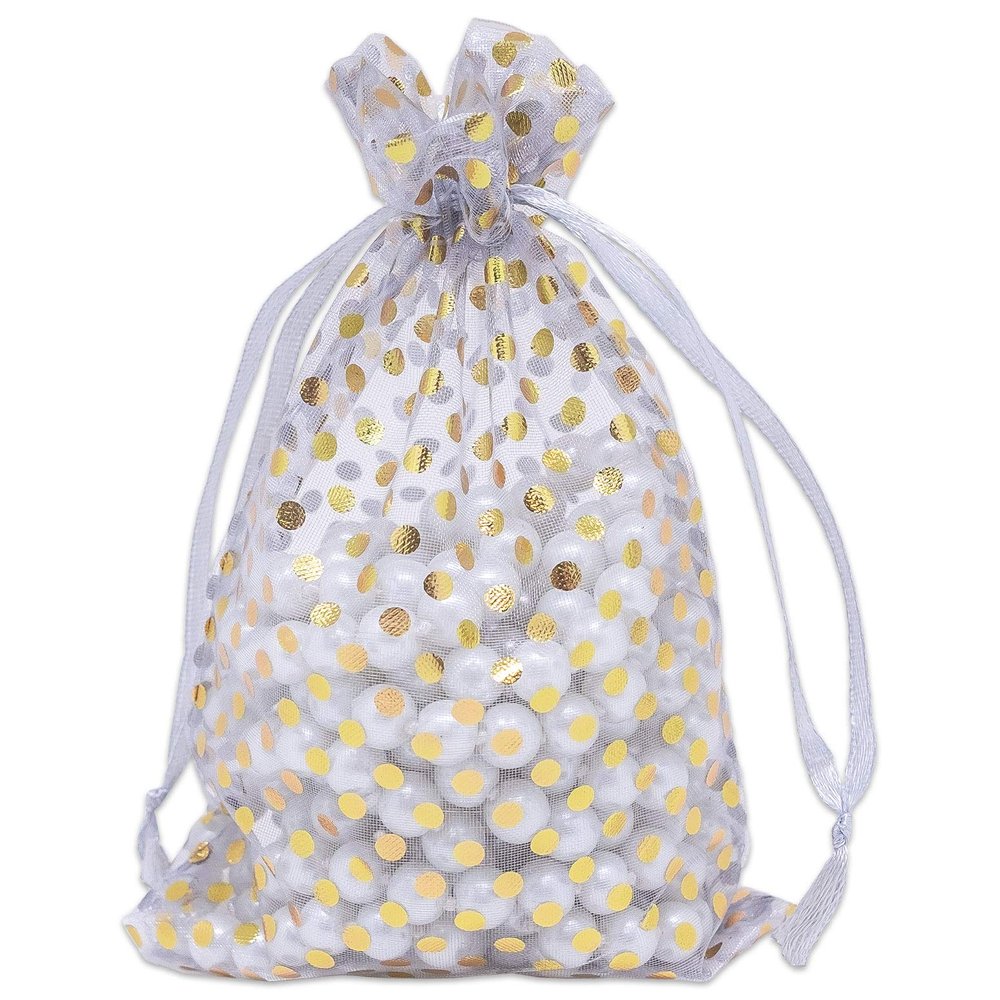 100-Pack 4x6 in Sheer Organza Gift Bags with Drawstring (Medium) - Polka Dot (Silver/Gold) - for Wedding Party Favors, Treats Mesh Pouch by The Display Guys