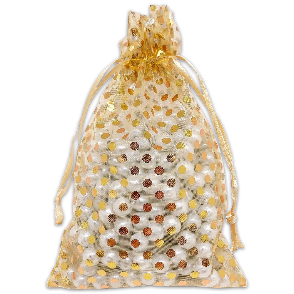 100-Pack 4x6 in Sheer Organza Gift Bags with Drawstring (Medium) - Polka Dot (Gold/Gold) - for Wedding Party Favors, Treats Mesh Pouch by The Display Guys