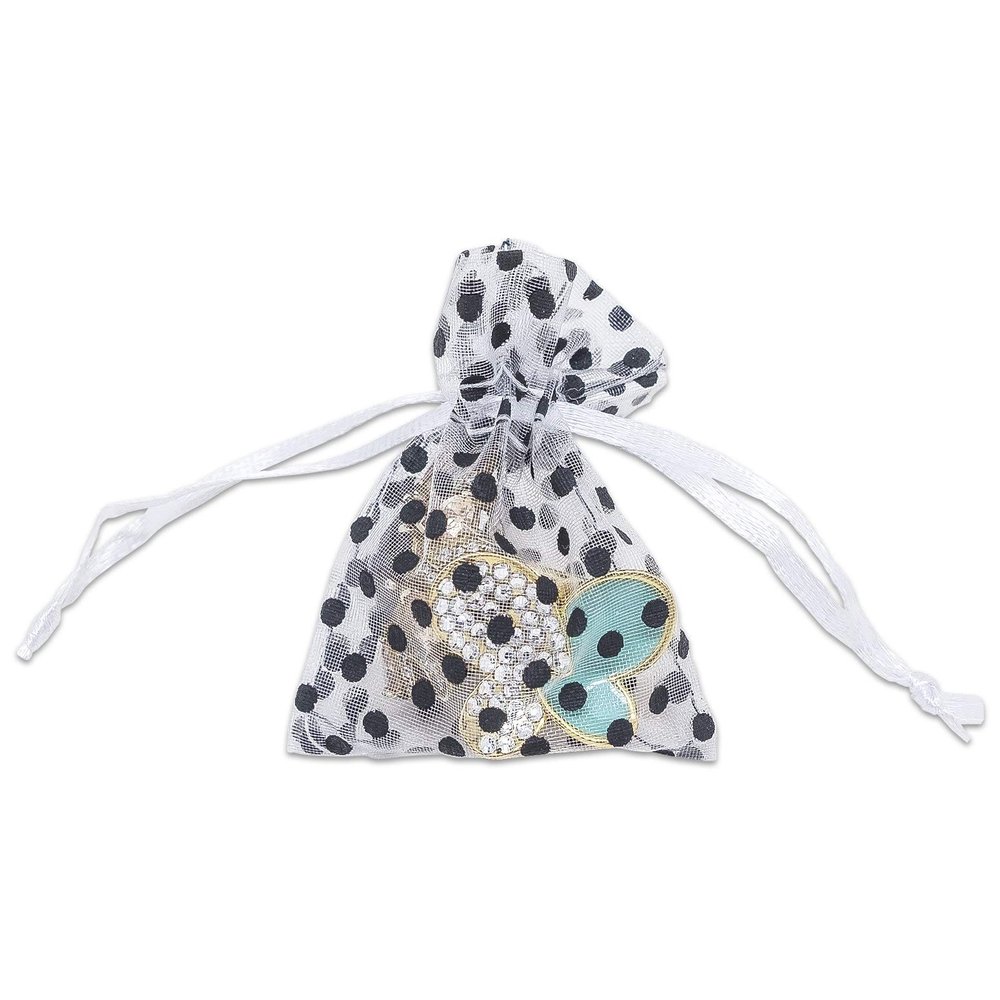 100-Pack 2x2.5 in Sheer Organza Gift Bags with Drawstring (X-Small) - Polka Dot (White/Black) - for Wedding Party Favors, Treats Mesh Pouch by The Display Guys
