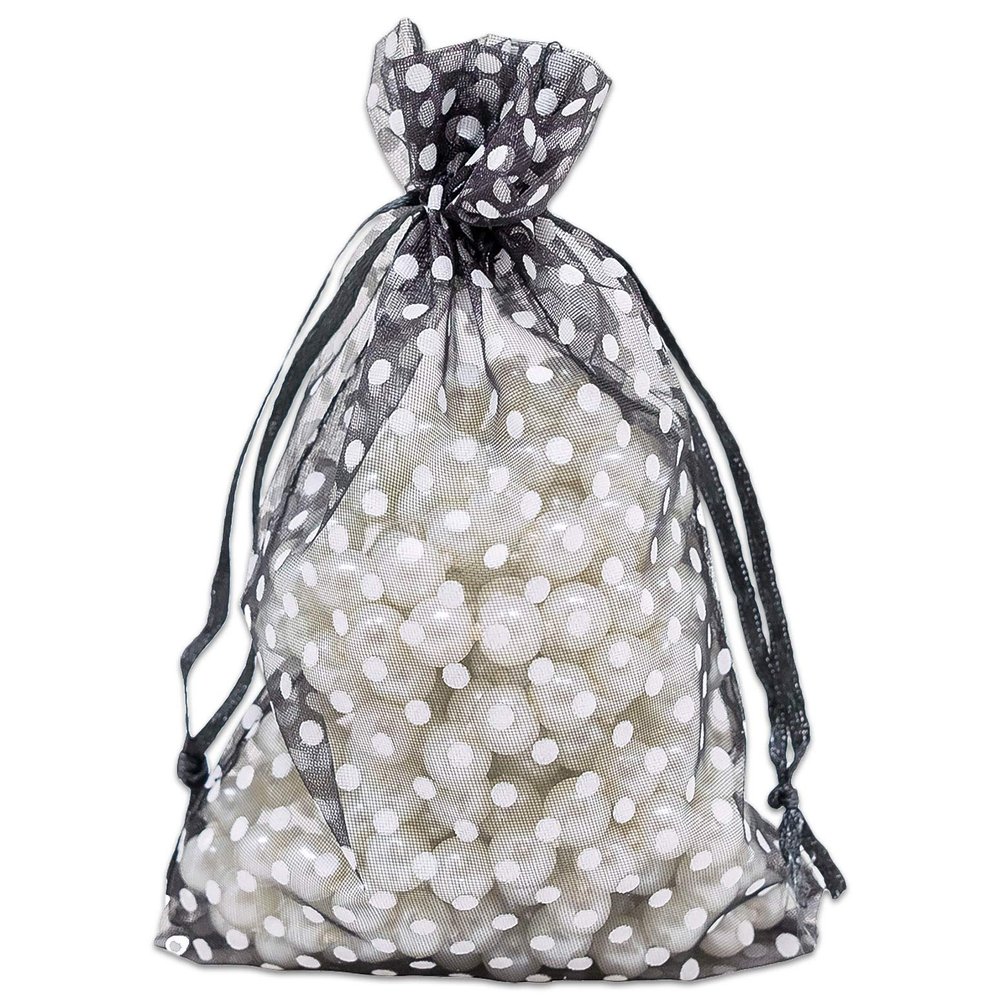 100-Pack 4x6 in Sheer Organza Gift Bags with Drawstring (Medium) - Polka Dot (Black/White) - for Wedding Party Favors, Treats Mesh Pouch by The Display Guys